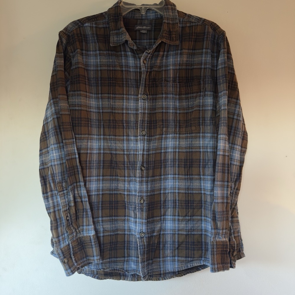 Eddie Bauer Flannel 100% Cotton Large Brown Blue Plaid Long Sleeve Fall Colored